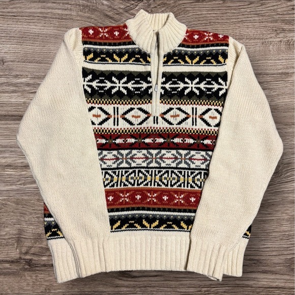 Izod Other - IZOD Sweater Mens M White Fair Isle Quarter Zip Nordic Knit Pullover Winter
